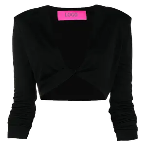 Stylish High End Elegant and Sexy Lady Black Viscose 100% V Neck Crop Tops Long Sleeve Crop Top Womens Crop Tops