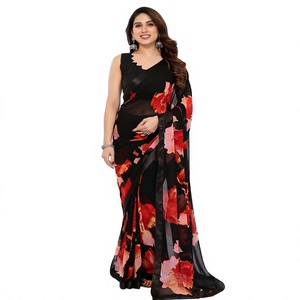 Sari indien pakistanais 2022 fait main en soie, imprimé floral lumineux/flocqué/pailleté, brodé, à manches bouffantes, col en V, de haute qualité - Product Image 4