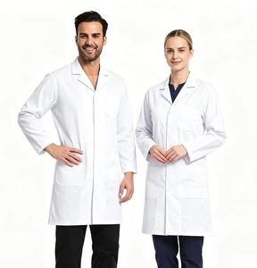 Bata Médica Larga de Polialgodón con Solapa de Muesca, Costuras Prensadas y Múltiples Bolsillos, Uniforme Blanco para <span class=keywords><strong>Hospital</strong></span> y Clínica - Product Image 1