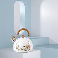 Nouvelle Bouilloire Siffleuse Transfrontalière à Motif Floral, Style Minimaliste Moderne et Délicat, Luxe Léger, avec Poignée en Bois et Couvercle