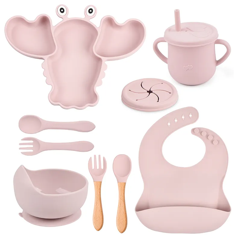 Newsun Eco Friendly New Born Full Silicone Baby Products Of All Types 9 Pieces Lobster Shape Feeding Set