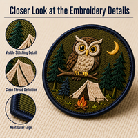 Écusson brodé 3D personnalisé Hibou de nuit, Camping, Lune, Tente, Feu de camp pour sac à dos, veste, cadeau d'extérieur