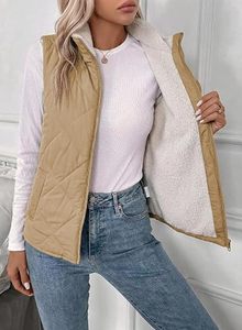 <strong>Women's</strong> Plaid Sherpa <strong>Fleece</strong> Woven Vest Stand Collar Zip-Up Puffer Quilted Jacket-Autumn/Winter/Spring Warm Windproof - Product Image 5