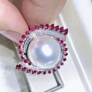 High-End S925 Sterling Silver <b>Ring</b> with 12-11mm Round <b>Pearl</b> Featuring Movable Oval Cut Diamond - Product Image 3