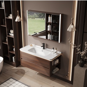 OEM Solid Wood Bathroom <strong>Vanities</strong> Walnut Color Wall Hung Bathroom <strong>Vanity</strong> Cabinet One-Piece Ceramic Basin Bathroom Cabinet - Product Image 3