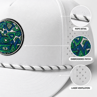 Op maat gemaakte logo witte 5-panel touwhalmpet met platte klep, snapback baseballcap, geborduurde tribale patch, unisex, groothandel, OEM, lage minimale bestelhoeveelheid