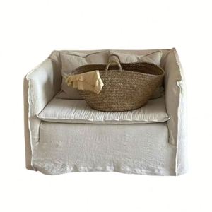 Sofá de Diseño Wabi-Sabi Francés Vintage, Completamente Desmontable, de Tela de Lino, para B&B, Hotel, Apartamento Pequeño - Product Image 1