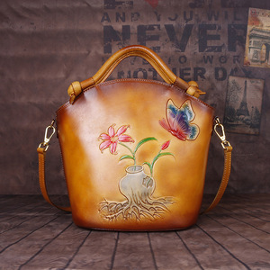 Ando Bag Genuine Cowhide Leather Bucket Bag for Women Vintage Floral <b>Butterfly</b> <b>Top</b> Handle Purse - Product Image 1