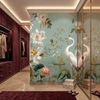 Papier peint auto-adhésif imperméable, chinoiserie, heron, pivoine, motif floral, papier peint mural de luxe facile à poser pour la décoration murale résidentielle