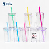 Gobelet en plastique réutilisable à paroi simple de 16 oz avec logo personnalisé, couvercle coloré et paille