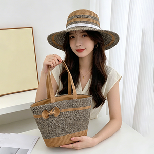 Ensemble sac fourre-tout tissé avec logo personnalisé et chapeau de soleil multifonctionnel, sac à main tissé pliable, chapeau de paille à large bord pour la protection solaire - Product Image 5