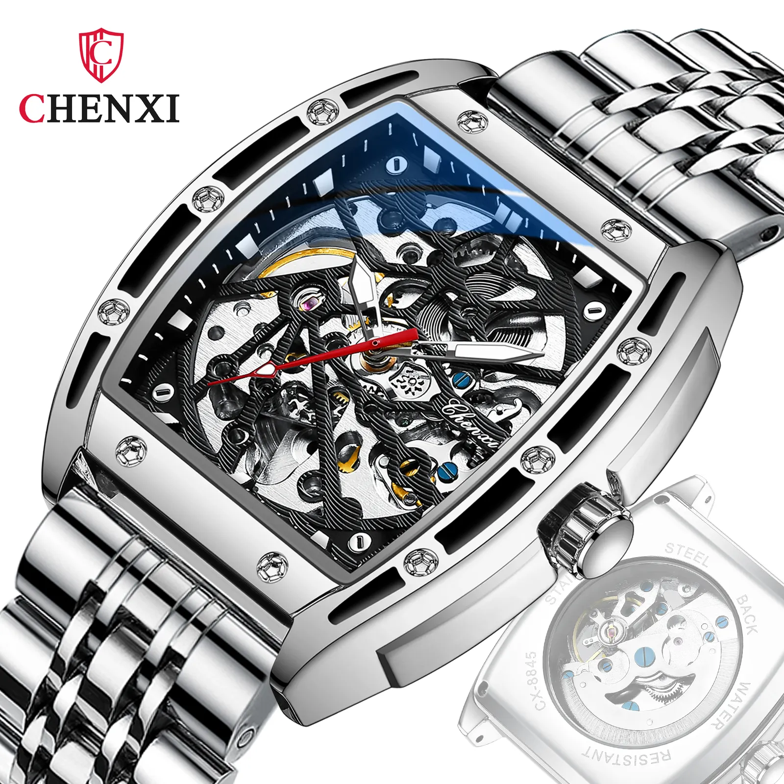 Stainless Steel Watch Case CHENXI Men Skeleton Japan Movement Watches Men's Bracelet Automatic mechanical Male Wrist watch