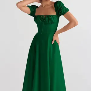 ייצור סיטונאי שרוולים קצרים שמלות אלגנטיות נשים צבע אחיד A-קו שמלת מקסי קיץ שמלות נשים