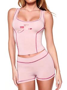 FloralCharm Wholesale Fashion Printed Bodycon <strong>square</strong> Neck Vest Shorts Two-piece <strong>Set</strong> for Women - Product Image 4
