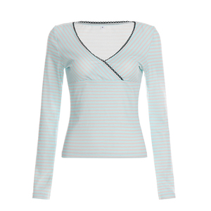 Haut en tricot à col en V avec bordure en dentelle et blocs de couleur rayés, t-shirt pour femme à manches longues et coupe ajustée, style rétro décontracté - Product Image 6