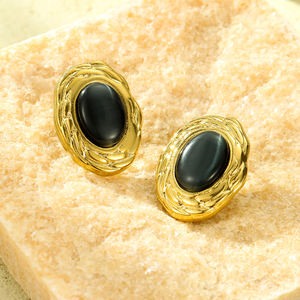 नीमई गुलाबी बिल्ली आंख की स्टड वाली महिला स्टेनलेस स्टील अंडाकार प्राकृतिक पत्थर के बयान 18k सोने की प्लेटेड फैशन गहने - Product Image 1