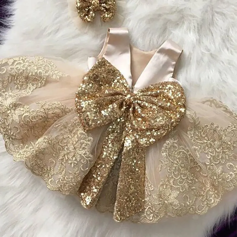 Ivy10493A Tây Ban Nha Hoa Cô Gái Công Chúa Váy Chất Lượng Cao Cô Gái Bé Sequin Big Bow Birthday Party Dress Thiết Kế