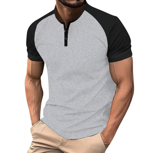 Men's Slim Fit Raglan Sleeve Stand Collar T-<b>Shirt</b> Solid Color Blocked Casual Knitted Short Sleeve Teal Black - Product Image 2