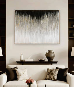 Quadro Moderno Astratto con Design Scintillante, Pittura Murale Gradiente Nera Bianca Oro, Texture a Goccia, Tela con Cornice in Legno e Lamina d'Oro - Product Image 1