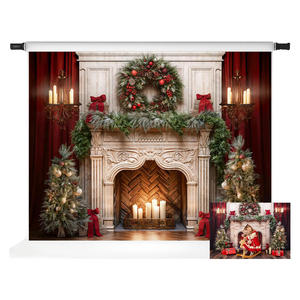 Décor de Noël vintage avec cheminée, couronne, arbres, chaussettes, fond de photographie de Noël, bannière de fête pour table de gâteaux du Nouvel An - Product Image 6