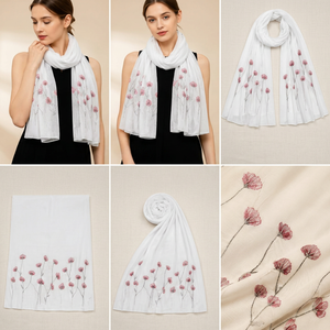<b>White</b> Floral Viscose Solid Dyed Scarf Lightweight Soft Long Shawl Wrap for Women Daily Wear Travel and Gift - Product Image 2