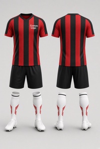 Custom Red Black Striped Soccer Kit Full Set Jersey Shorts <b>Socks</b> Football Uniform - Product Image 1