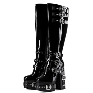 Bottes hautes pour femme à boucles larges, plateforme épaisse et talons robustes, grandes tailles 47, avec rivets métalliques arrière - Product Image 2