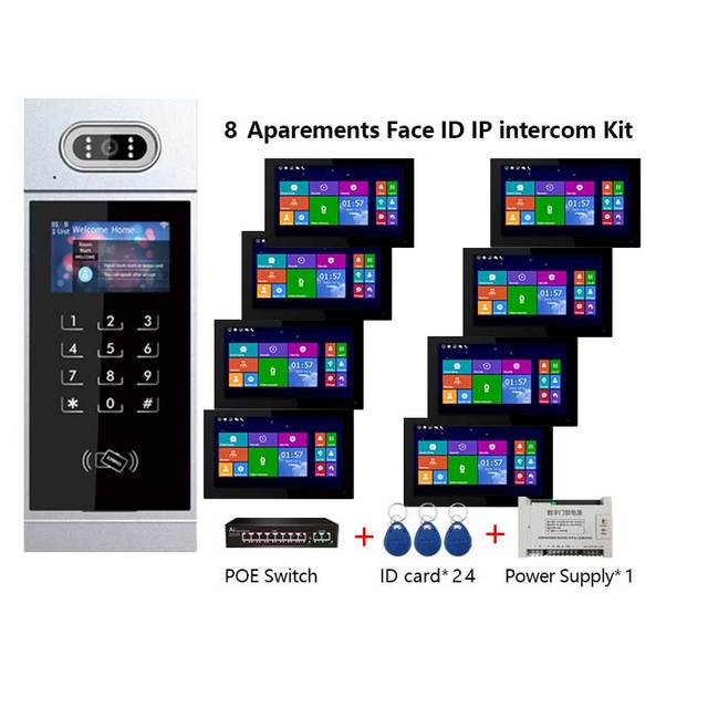 8 Apartments IP Video Door Phone Intercom System 2-Way Intercom Kit Multi-Apartment 7-inch Touch Screen Face Recognition for