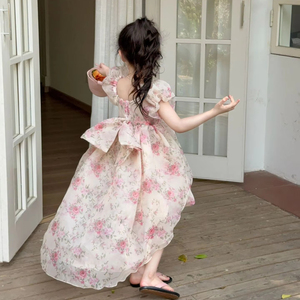 Venta al por mayor 2025 verano Floral Puff manga arco espalda niños niñas vestido de baile - Product Image 1