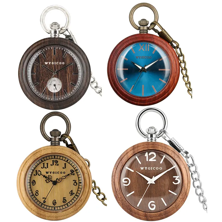WYGICOO OEM Reloj डी Bolsillo थोक जापान Movt क्वार्ट्ज निविड़ अंधकार सस्ते Taschenuhr लकड़ी कस्टम मेड जेब घड़ी की चेन के साथ
