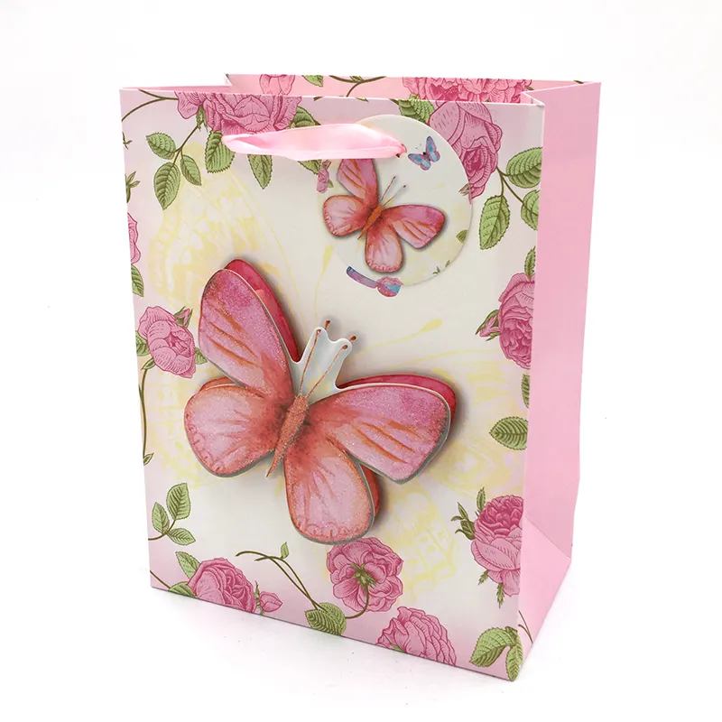 Vente en gros vente au comptant stock mode de luxe impression offset papillon imprimé sacs en papier pour cadeau