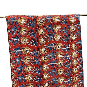 Premium Red Pure Cotton Fabric Featuring Traditional Hand Block Print Mustard Yellow Floral Motifs And Indigo Blue Indigo <b>Leaves</b> - Product Image 1