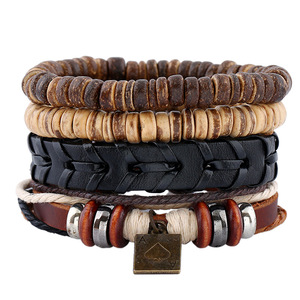 4 pièces/ensemble Bracelets multi-couches en cuir noir et perles en bois style rétro vintage bohème hippie punk, <span class=keywords><strong>as</strong></span> <span class=keywords><strong>de</strong></span> poker, unisexe - Product Image 1