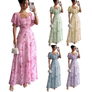 Robe longue élégante décontractée pour femme, idéale pour les fêtes et les vacances, en mousseline florale, col carré, manches courtes à volants, taille haute, coupe trapèze, pour l'été - Product Image 6