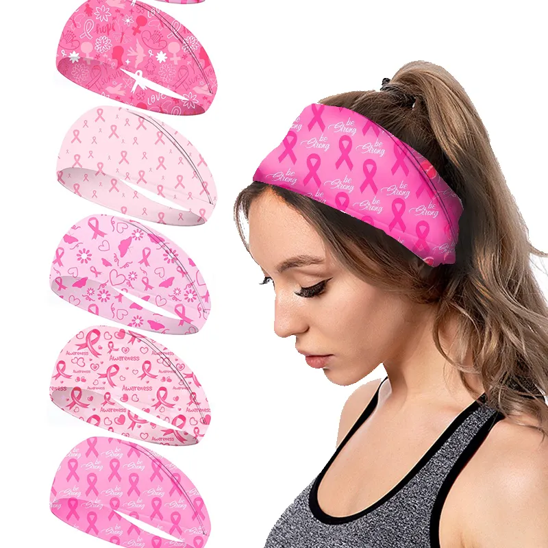 Bán buôn vú ung thư nhận thức Headband rộng màu hồng Ribbon tóc kết thúc tốt đẹp đàn hồi mồ hôi headbands cho phụ nữ cô gái phòng tập thể dục Yoga chạy