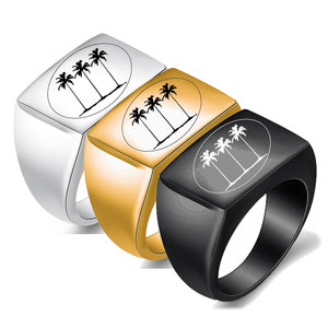 Stainless Steel <b>Ring</b> 13mm Men's Geometric Plant Design Laser Engraved Three Trees Gift Jewelry Black Gold Steel Color - Product Image 1