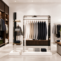 Vitrine de présentation de vêtements en acier inoxydable miroir avec dessus arrondi, tringle de suspension et socle blanc sur mesure
