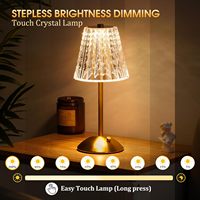 TSINYE Lampe de table LED sans fil 3 couleurs Lampe en cristal à intensité variable Lampe tactile à piles rechargeable Lampe à base de métal doré