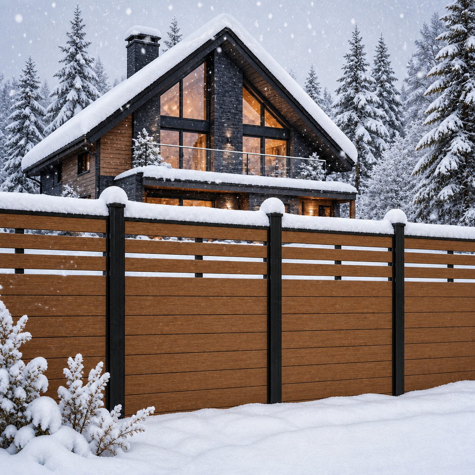 Timer Structure Design Waterproof WPC Garden Fence Panel, Wood Effect Boards and Black Posts ...