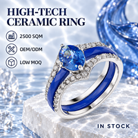 Bague en céramique bleue avec double tige en acier inoxydable, centre en zircon bleu, pavé de zircons transparents, vente en gros pour mariages OEM ODM