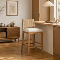 Tabouret de comptoir en bois de frêne Japandi Wabi-Sabi |   Dossier en corde tressée à la main |   Siège rembourré en lin Off-White |   Bar à domicile stable