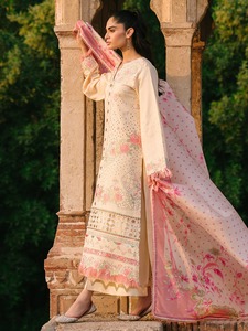 Élégante combinaison en tissu lawn orange brodée, 2 pièces, avec détails en dentelle et franges - Product Image 2