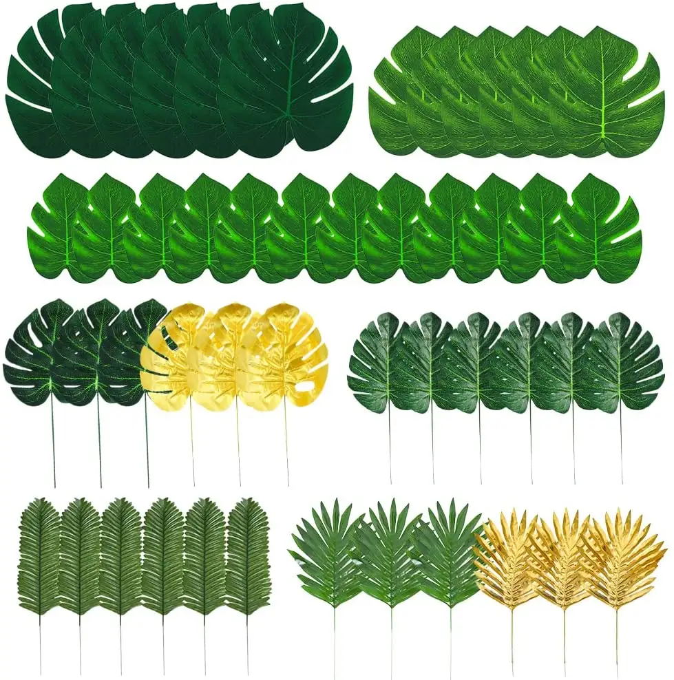 Hojas de palma de imitación grandes y pequeñas para decoración de mesa, hojas verdes con tallos para Safari, jungla, hawaiana, Luau, 84 unidades, 6 tipos