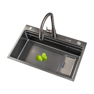 อ่างล้างจานสีเทา<span class=keywords><strong>ไท</strong></span>เทเนียมดำ 304 SS ลายข้าวสาร พร้อมที่เก็บเศษอาหาร ทำด้วยมือ - Product Image 1