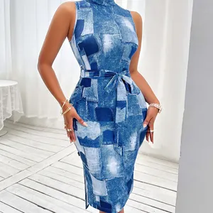 Denim In Chiều Dài Đầu Gối Dresses Phụ Nữ Không Tay Bodycon Slim Dress Phụ Nữ Skinny Vintage Casual Dresses