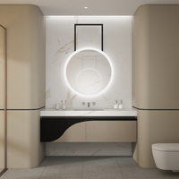 Miroir de salle de bain rond sans cadre à LED mural moderne avec interrupteur tactile et variateur d'intensité, avec solutions de design graphique pour les hôtels