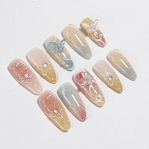 24 <span class=keywords><strong>faux</strong></span> ongles en ABS, forme amande, nude ombré, avec papillons 3D, fleurs et strass, réutilisables, en acrylique, avec colle, pour femmes - Product Image 3