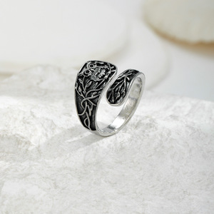 Bague ouverte en alliage avec motif hibou rétro et arbre de vie, style européen et américain, bijou unisexe, cadeau, argent antique - Product Image 3