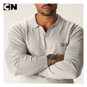 Suéter con Certificación GRS, Fabricante de Suéteres, Logotipo Personalizado, Suéter Polo de Punto Casual Gris Claro para Hombre, de Viscosa y Poliéster, con Ribetes - Product Image 2