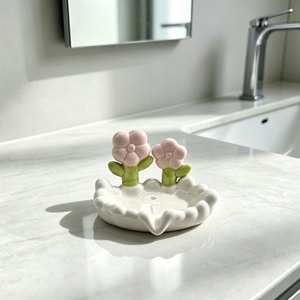 Adorable <span class=keywords><strong>porte</strong></span>-<span class=keywords><strong>savon</strong></span> en céramique à motif floral <span class=keywords><strong>rose</strong></span> avec relief de tulipe 3D et accent de feuille verte, <span class=keywords><strong>porte</strong></span>-<span class=keywords><strong>savon</strong></span> original pour salle de bain et cuisine - Product Image 2